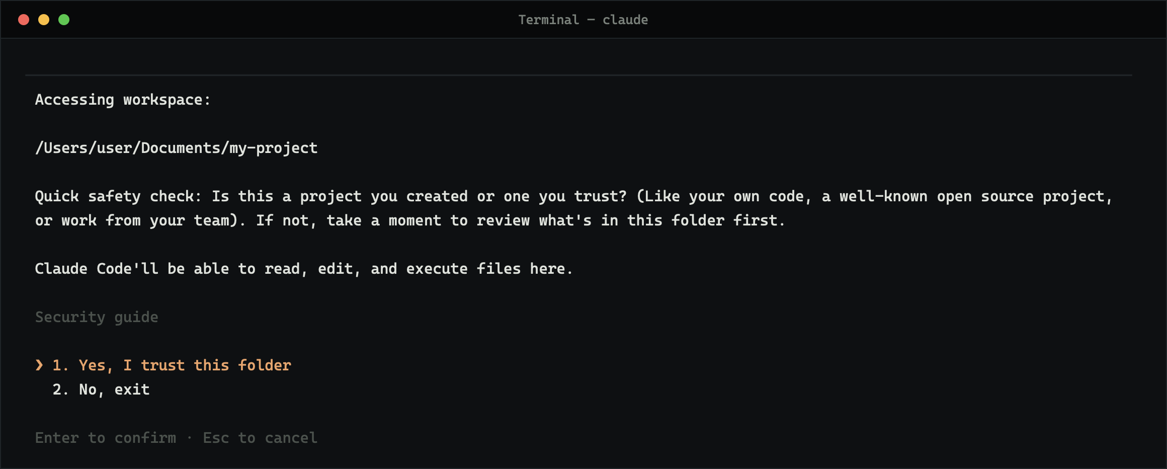 Claude Code asking whether you trust the folder, with options: yes I trust this folder, or no, exit
